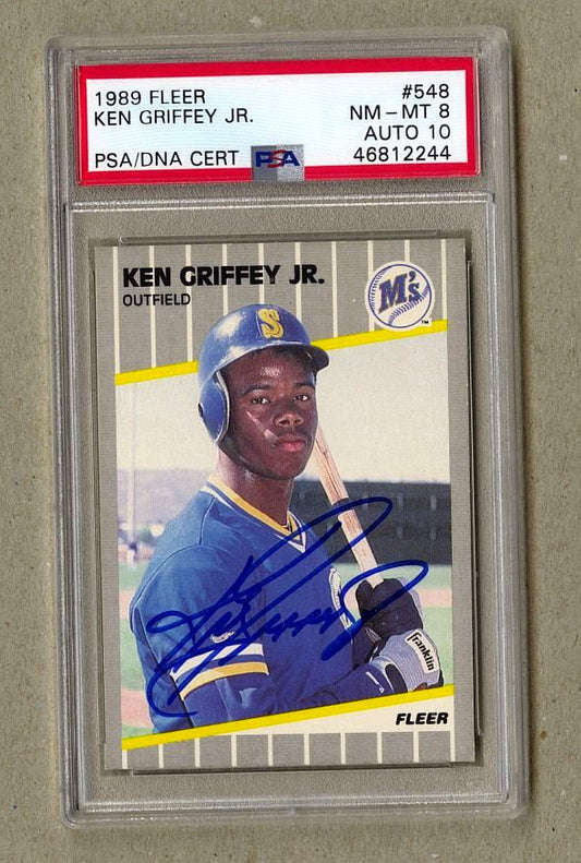 1989 FLEER #548 KEN GRIFFEY JR. RC MARINERS HOF PSA 8 DNA AUTO 10