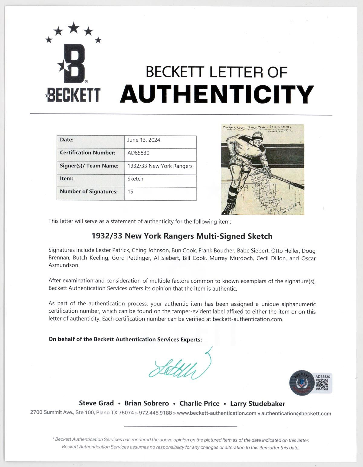 1932-33 Stanley Cup Champions - New York Rangers Team Signed AUTO Art Display /w HOFer - Babe Siebert D.1939 BAS LOA