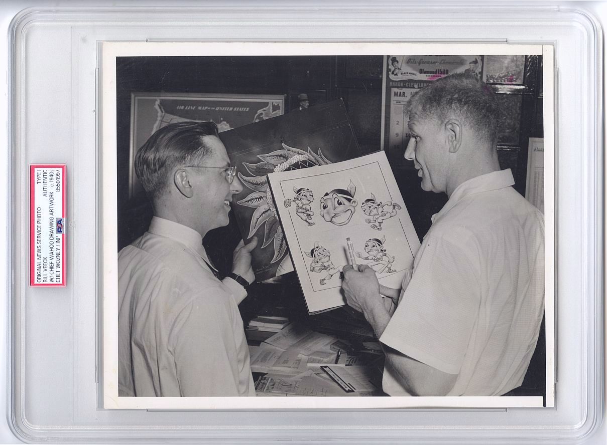 1947 Bill Veeck with Chief Wahoo Artist - Walter Goldbach Making History Original TYPE I Photo PSA/DNA