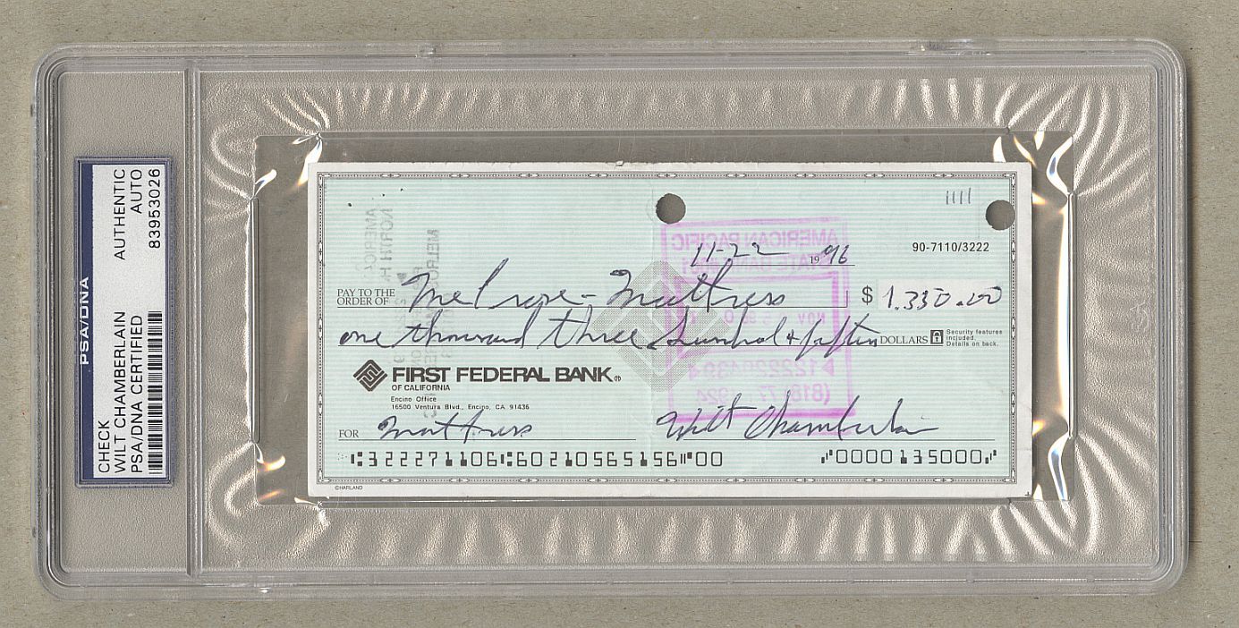 Wilt Chamberlain Signed AUTO check Buying a Mattress Basketball HOF PSA/DNA