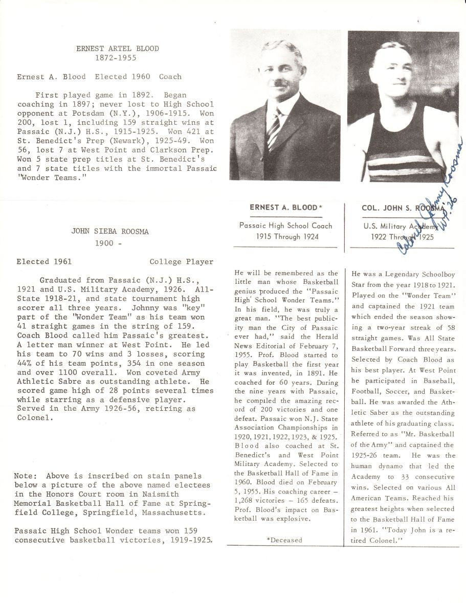 Johnny Roosma Basketball HOF D. 1983 signed photo bio