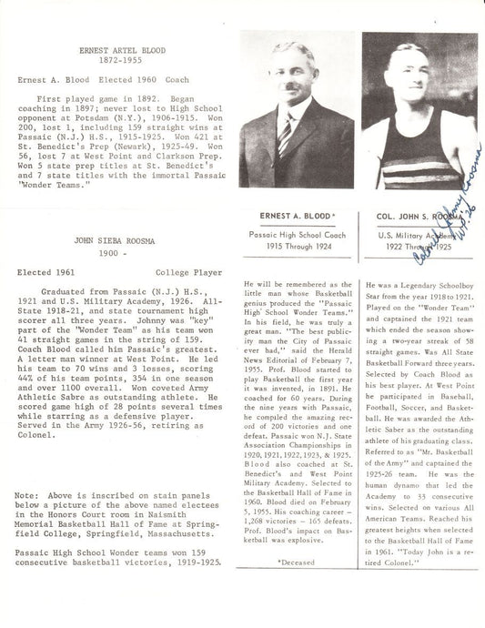 Johnny Roosma Basketball HOF D. 1983 signed photo bio