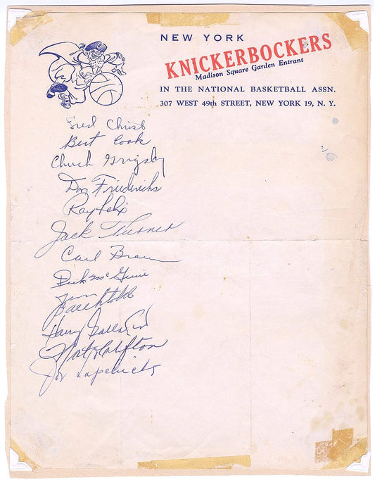 1954-55 NY Knicks Basketball Signed Team Sheet /w 12 AUTOS - Sweetwater Clifton - Carl Braun