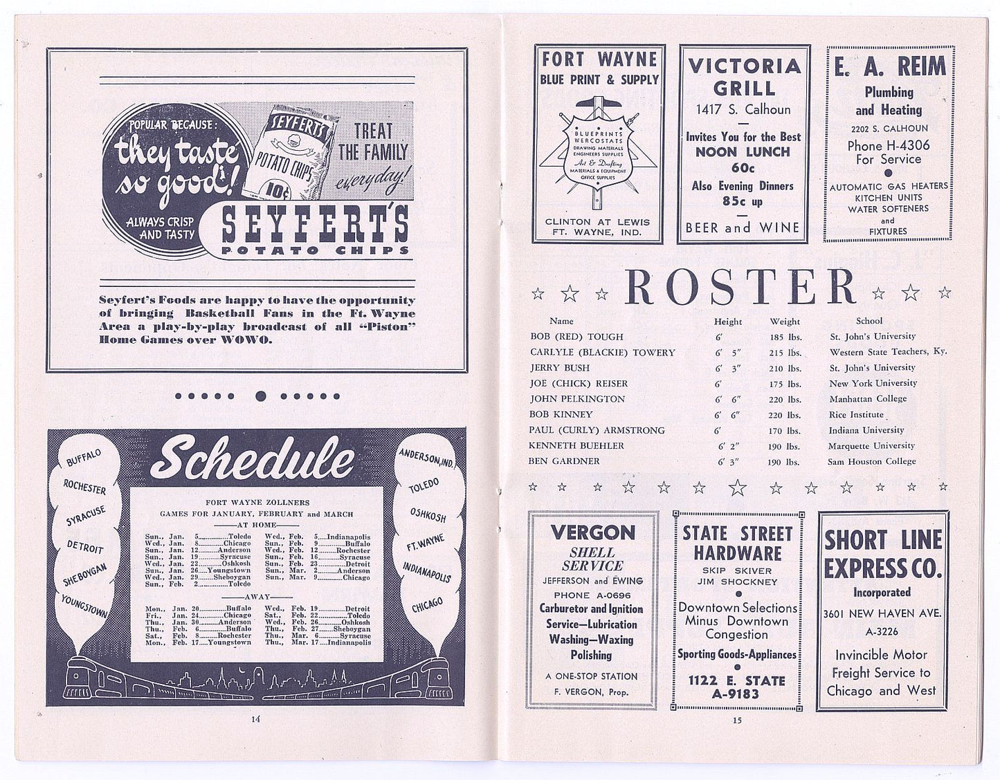 1946-47 Ft. Wayne Zollner Pistons vs. Anderson Packers FIRST YEAR NBA Program