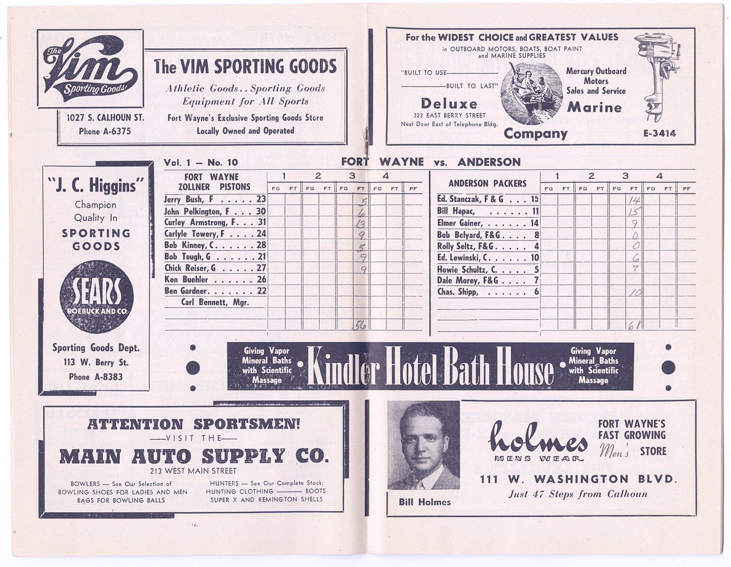 1946-47 Ft. Wayne Zollner Pistons vs. Anderson Packers FIRST YEAR NBA Program