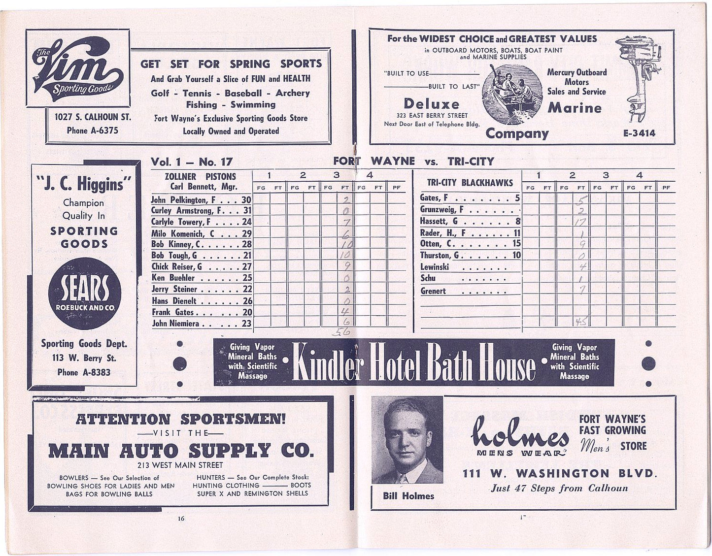 1946-47 Ft. Wayne Zollner Pistons vs. Tri-City Blackhawks FIRST YEAR NBA Program