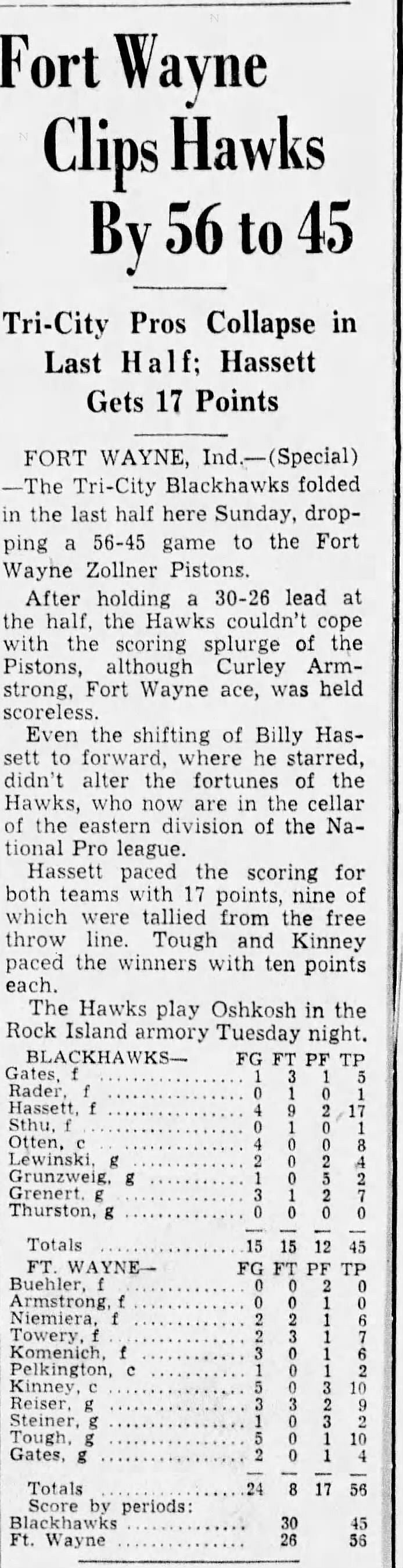 1946-47 Ft. Wayne Zollner Pistons vs. Tri-City Blackhawks FIRST YEAR NBA Program