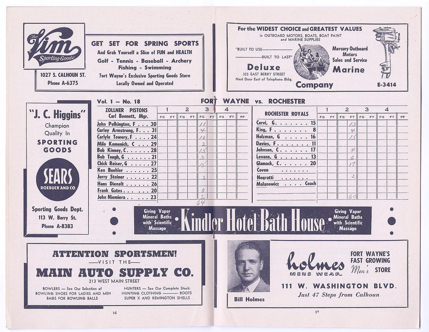 1946-47 Ft. Wayne Zollner Pistons vs. Rochester Royals FIRST YEAR NBA Program