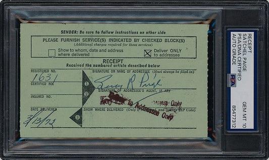 Satchel Paige Signed AUTO Postal Return Receipt Document with Legal Name PSA/DNA AUTO GRADE 10
