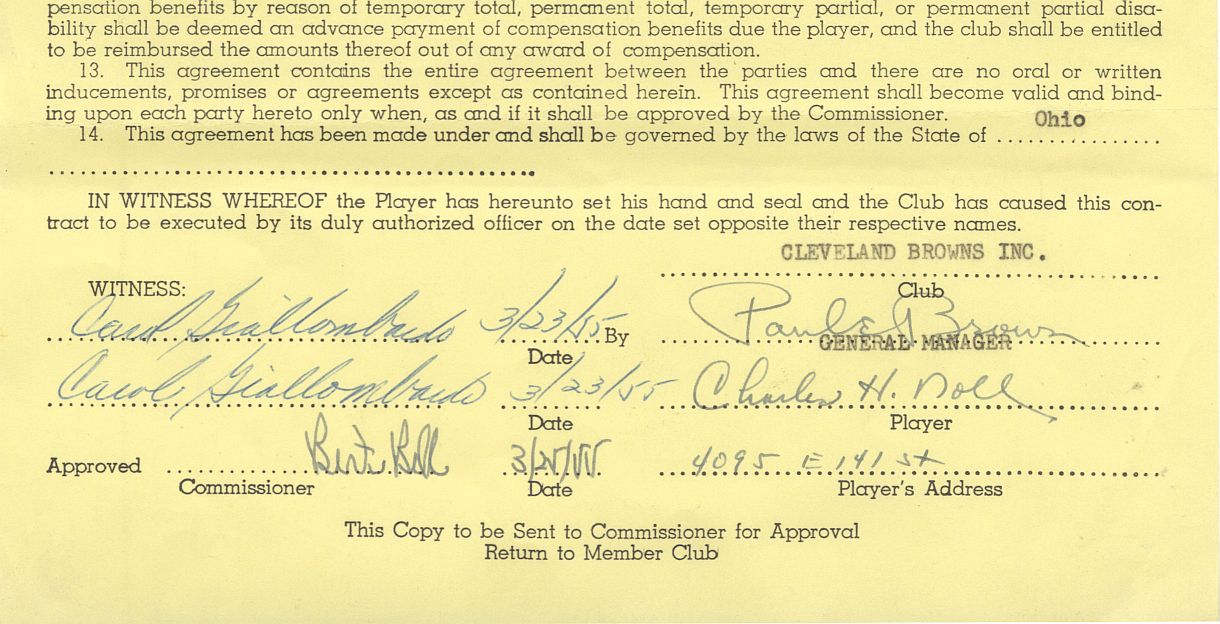 Chuck Noll - Bert Bell & Paul Brown Signed AUTO 1955 NFL Cleveland Browns Contract