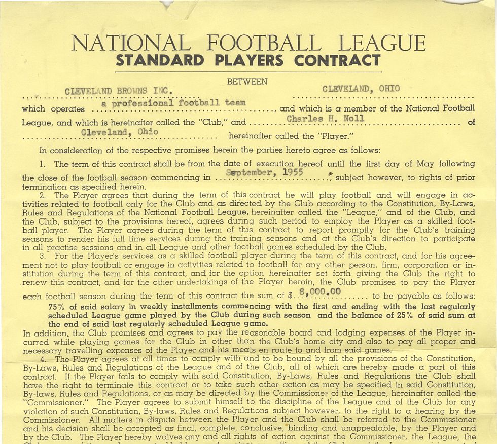 Chuck Noll - Bert Bell & Paul Brown Signed AUTO 1955 NFL Cleveland Browns Contract