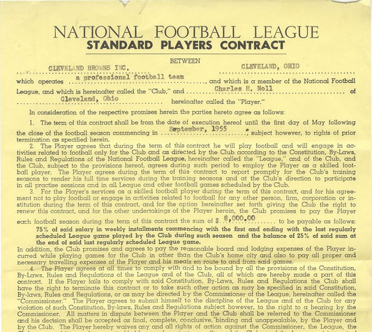 Chuck Noll - Bert Bell & Paul Brown Signed AUTO 1955 NFL Cleveland Browns Contract