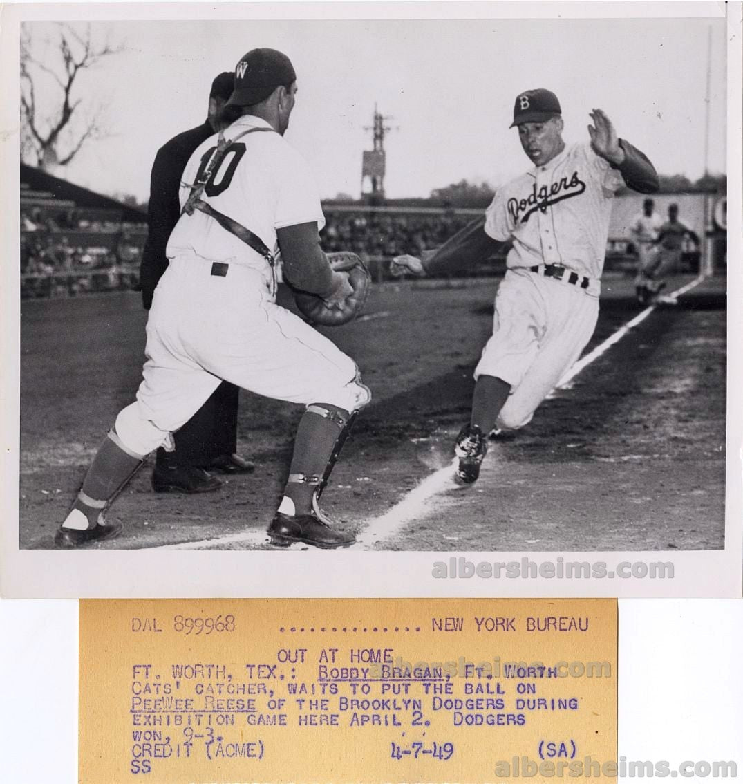 1949 Brooklyn Dodgers HOFer - Pee Wee Reese About to Slide on Ft. Worth Cats - Bobby Bragan Original TYPE I Photo