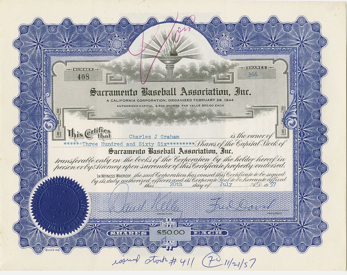1957 Sacramento Solons PCL Baseball Team Stock Certificate SUPER RARE