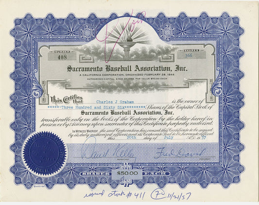 1957 Sacramento Solons PCL Baseball Team Stock Certificate SUPER RARE
