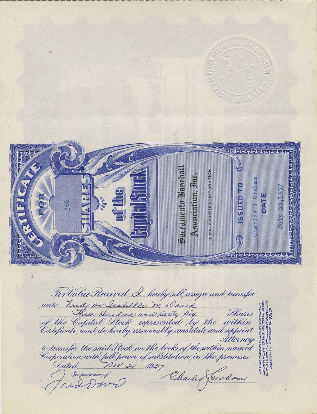 1957 Sacramento Solons PCL Baseball Team Stock Certificate SUPER RARE