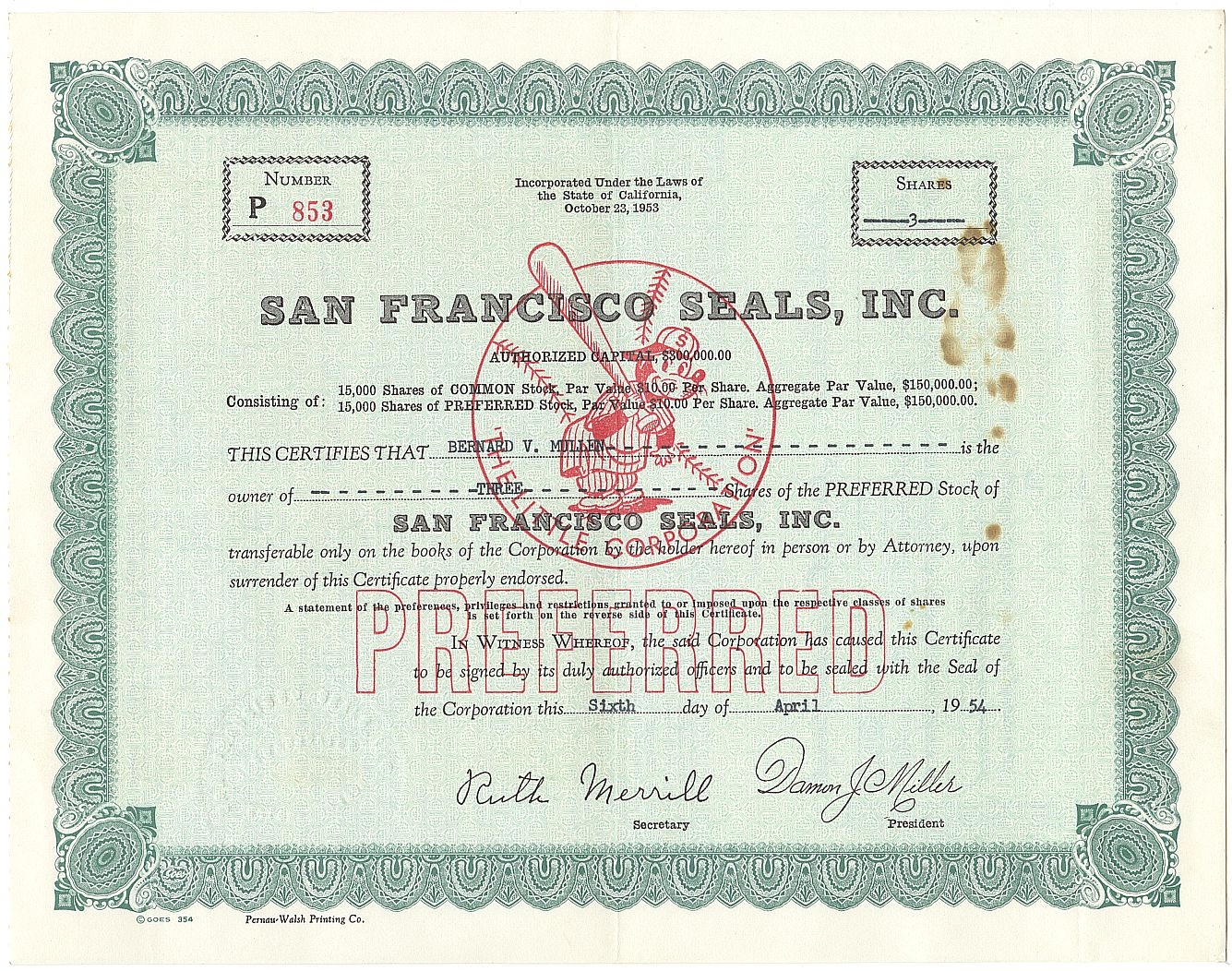 1954 San Francisco Seals PCL Baseball Team Stock Certificate SUPER RARE