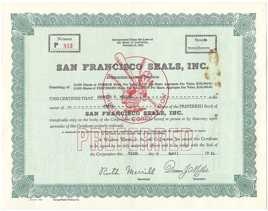 1954 San Francisco Seals PCL Baseball Team Stock Certificate SUPER RARE