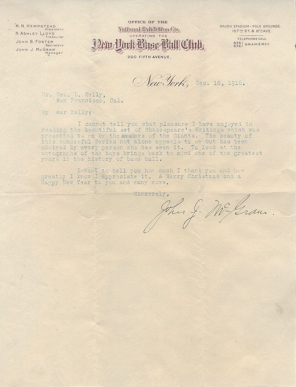 John McGraw Baseball HOF Signed Autographed Letter to HOFer - George Kelly PSA/DNA LOA