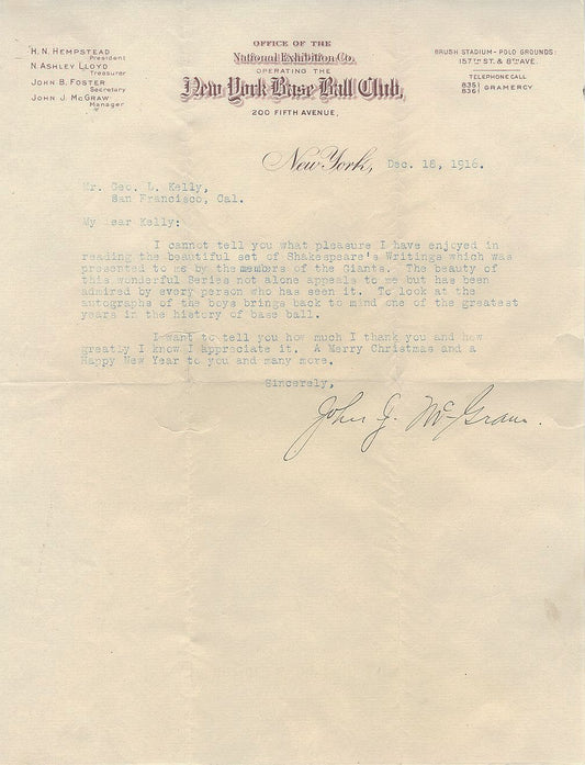 John McGraw Baseball HOF Signed Autographed Letter to HOFer - George Kelly PSA/DNA LOA