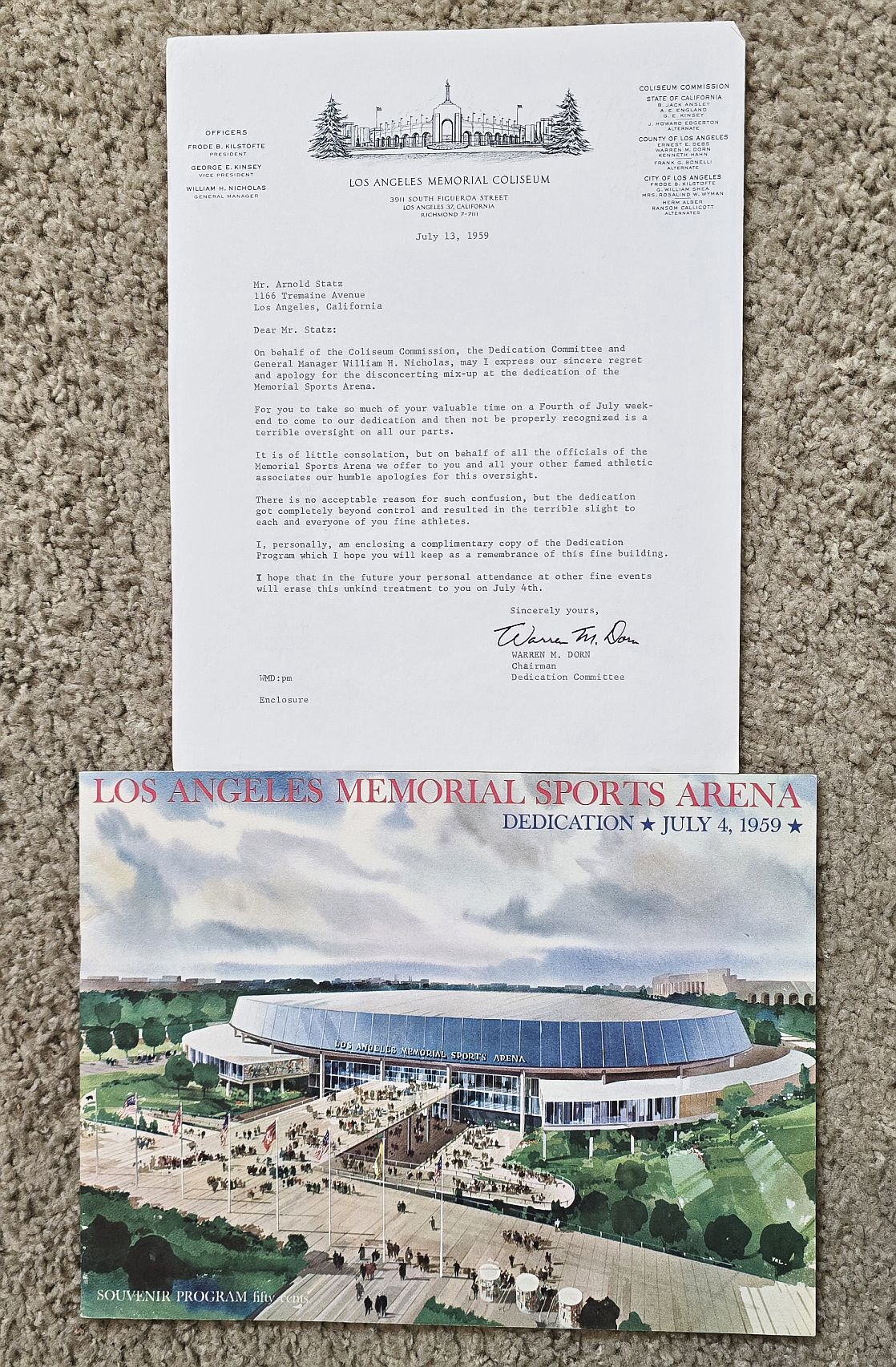 1959 Los Angeles Memorial Sports Arena Original Dedication Program /w Letters & Press Releases Package