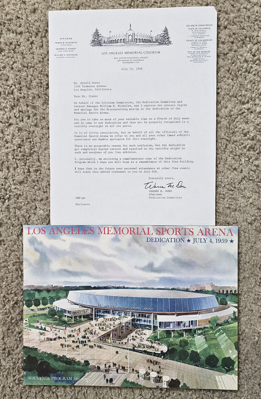 1959 Los Angeles Memorial Sports Arena Original Dedication Program /w Letters & Press Releases Package