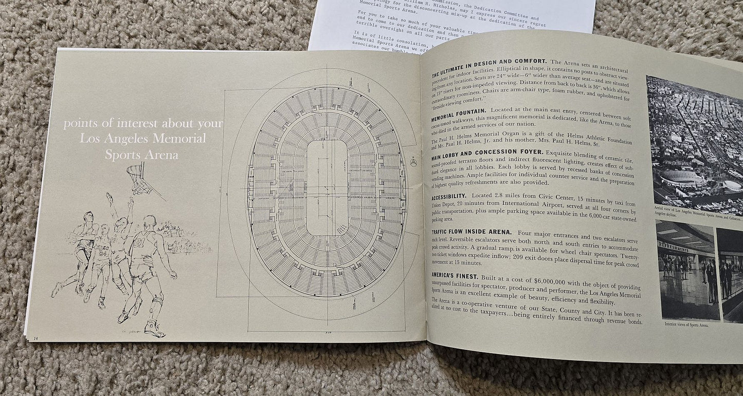1959 Los Angeles Memorial Sports Arena Original Dedication Program /w Letters & Press Releases Package