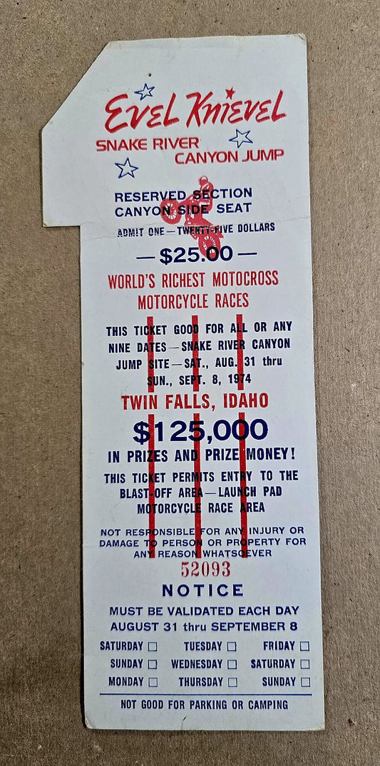 1974 Evel Knievel Snake River Canyon Jump Full Ticket in Idaho HISTORIC!!
