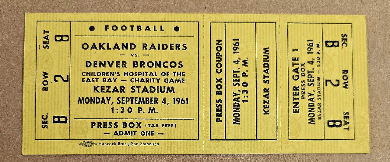 1961 Oakland Raiders vs Denver Broncos AFL Football Game FULL TICKET