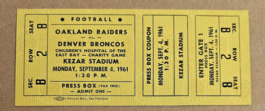 1961 Oakland Raiders vs Denver Broncos AFL Football Game FULL TICKET