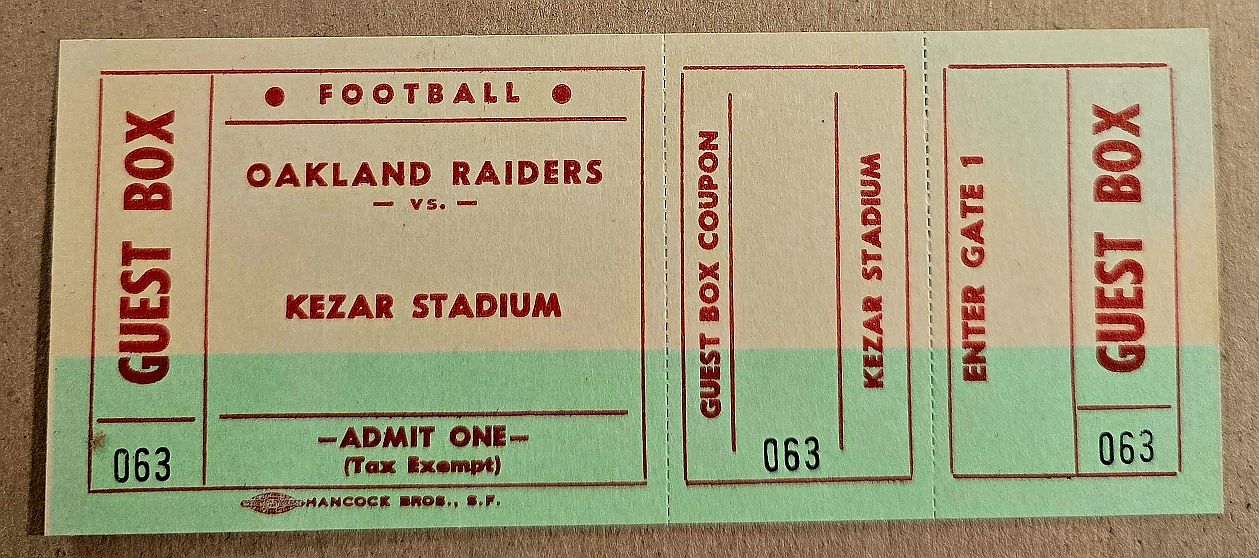 1960 Oakland Raiders AFL FULL proof Ticket - Guest Box Kezar Stadium - 1st Year