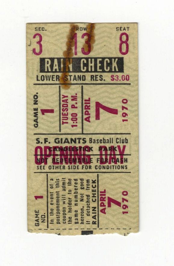 1970 San Francisco Giants Astros 4/7/70 Opening Day Ticket Stub Willie Mays Ties Al Simmons