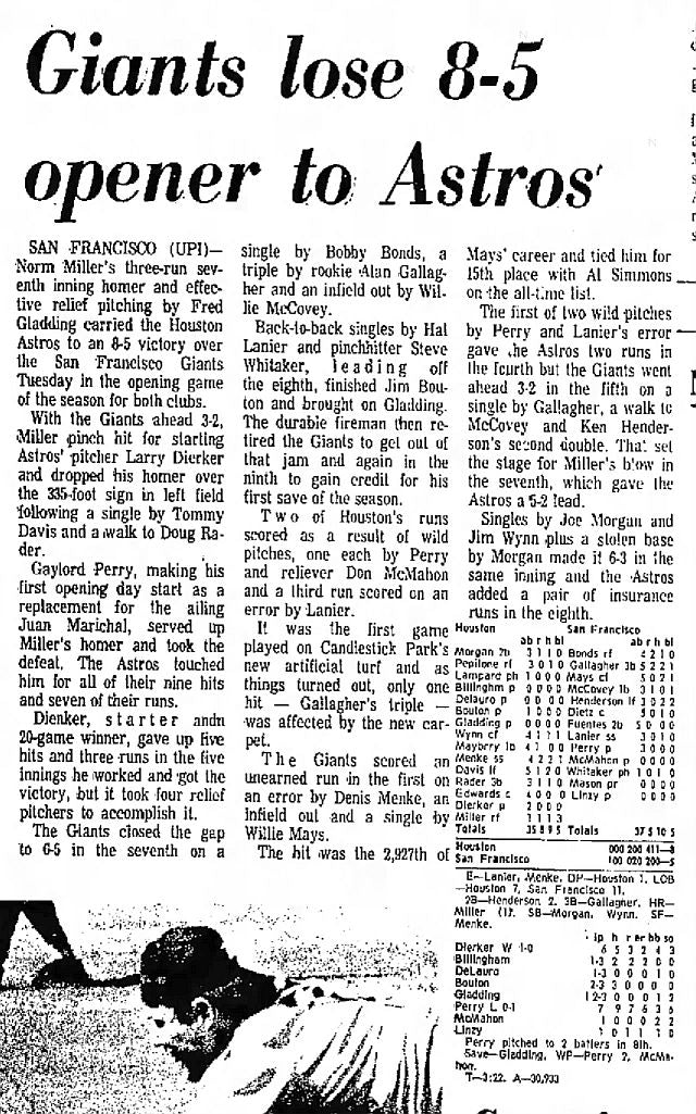 1970 San Francisco Giants Astros 4/7/70 Opening Day Ticket Stub Willie Mays Ties Al Simmons
