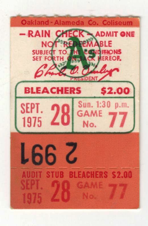 1975 Oakland A's vs Angels Ticket Stub Historic No Hitter September 28, 1975