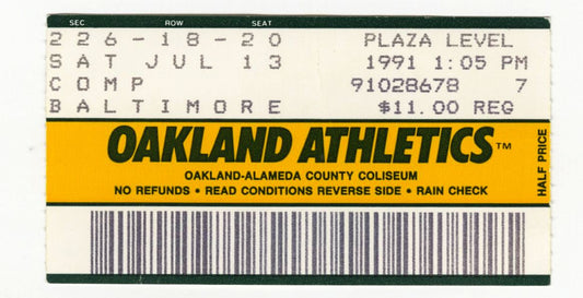 1991 Oakland A's vs Baltimore Orioles Ticket Stub Historic No Hitter 7/13/1991