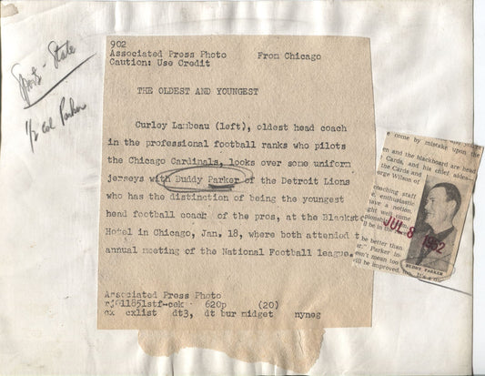 Curly Lambeau & Coach Buddy Parker Looking at Jerseys original 1952 photo