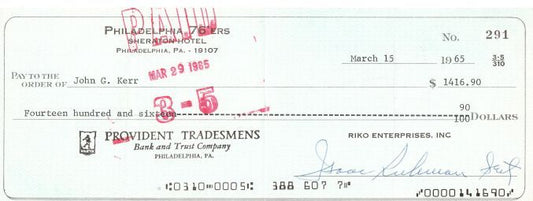 John Red Kerr - Ike Richman signed Sixers payroll check
