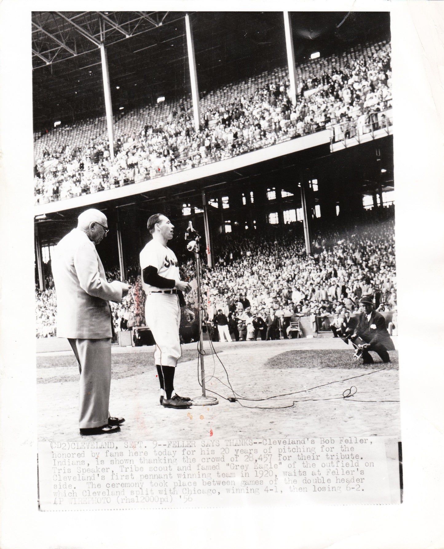 Bob Feller Honored in 1956 with Tris Speaker original AP wire photo