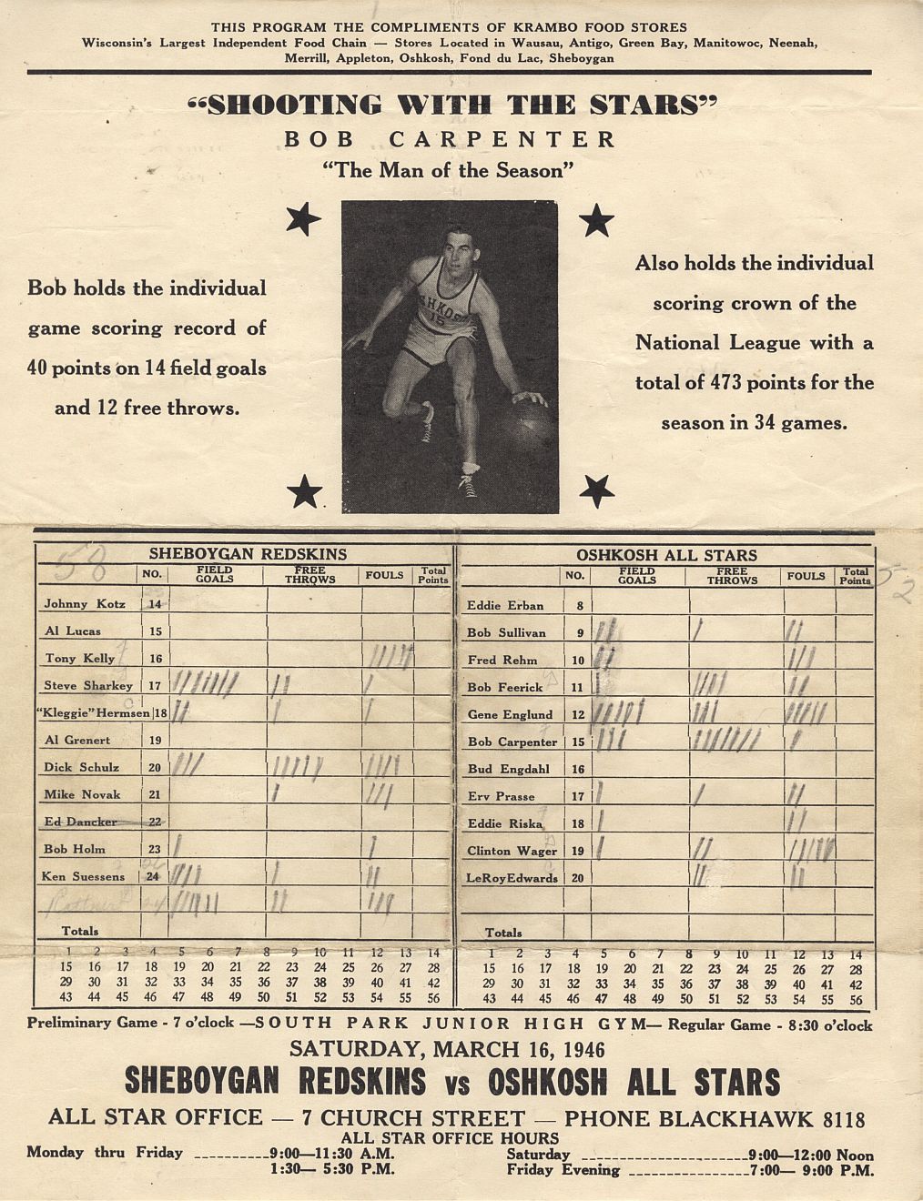 March 16, 1946 Oshkosh All Stars vs Sheboygan Redskins Game 4 NBL Playoffs Scorecard Program Lefty Edwards 22 Points!