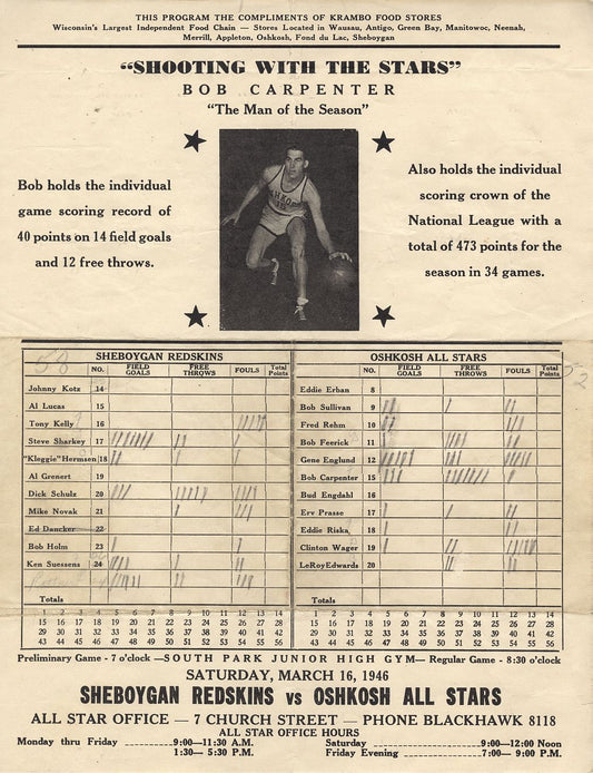 March 16, 1946 Oshkosh All Stars vs Sheboygan Redskins Game 4 NBL Playoffs Scorecard Program Lefty Edwards 22 Points!