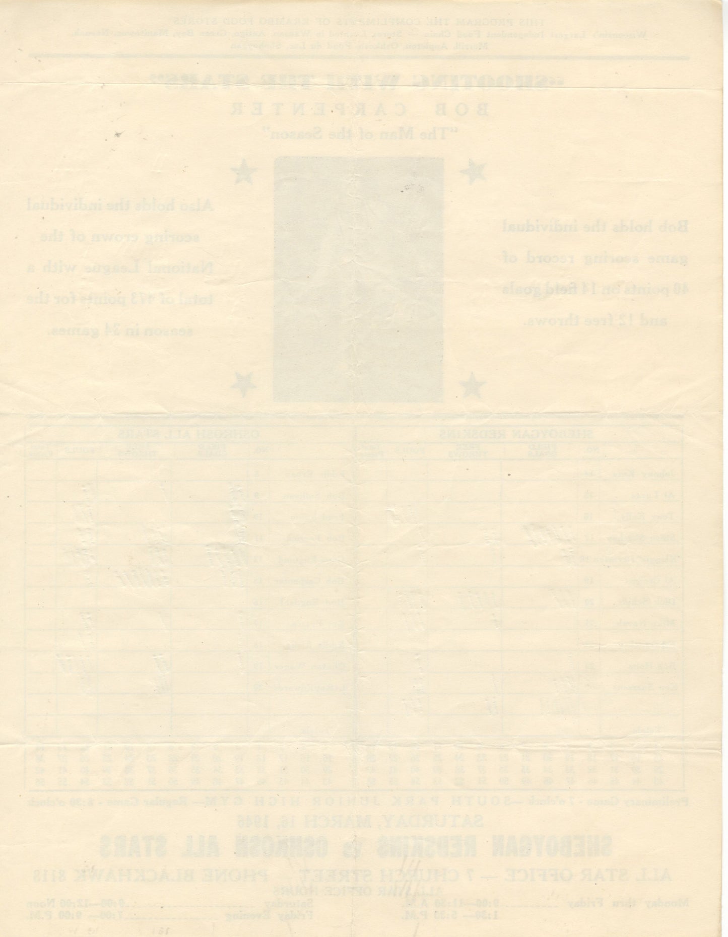 March 16, 1946 Oshkosh All Stars vs Sheboygan Redskins Game 4 NBL Playoffs Scorecard Program Lefty Edwards 22 Points!