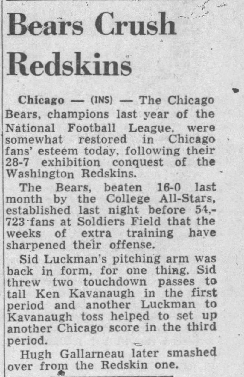 September 17, 1947 Chicago Bears Crush Washington Redskins Full Ticket