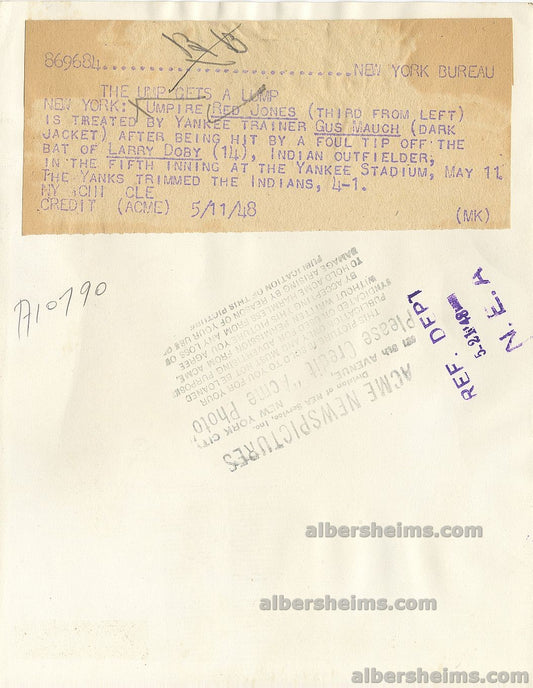 1948 Larry Doby & Indians Teammates Rally Around Umpire After Being Hit By Foul Tip Original TYPE I Photo