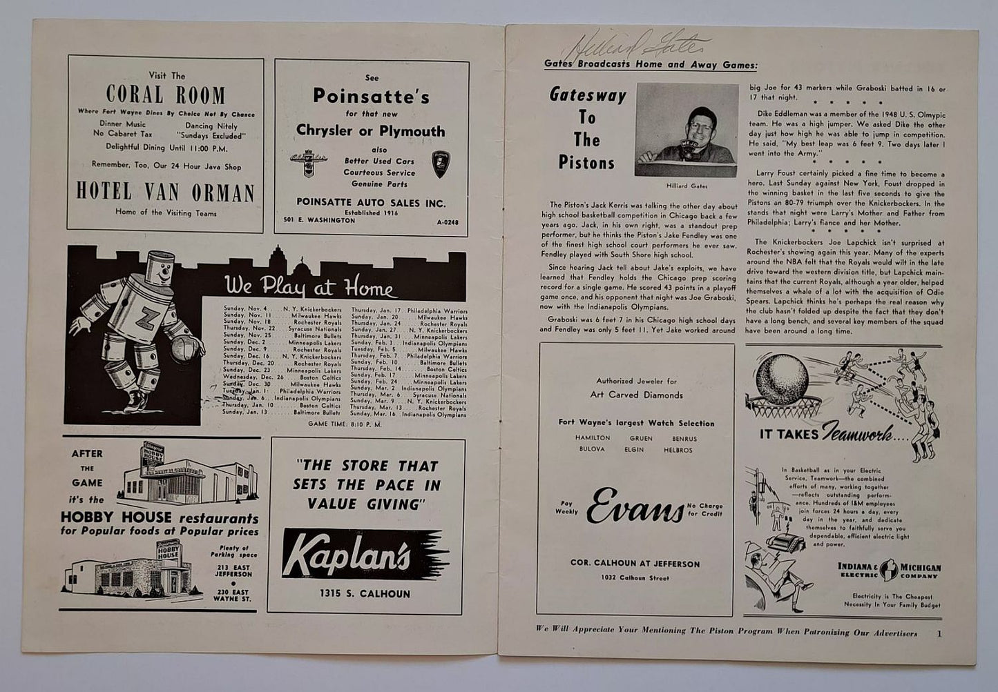 March 13, 1952 Ft. Wayne Pistons Multi-Signed AUTO vs Rochester Royals Program /w Hilliard Gates & Paul Birch BAS LOA
