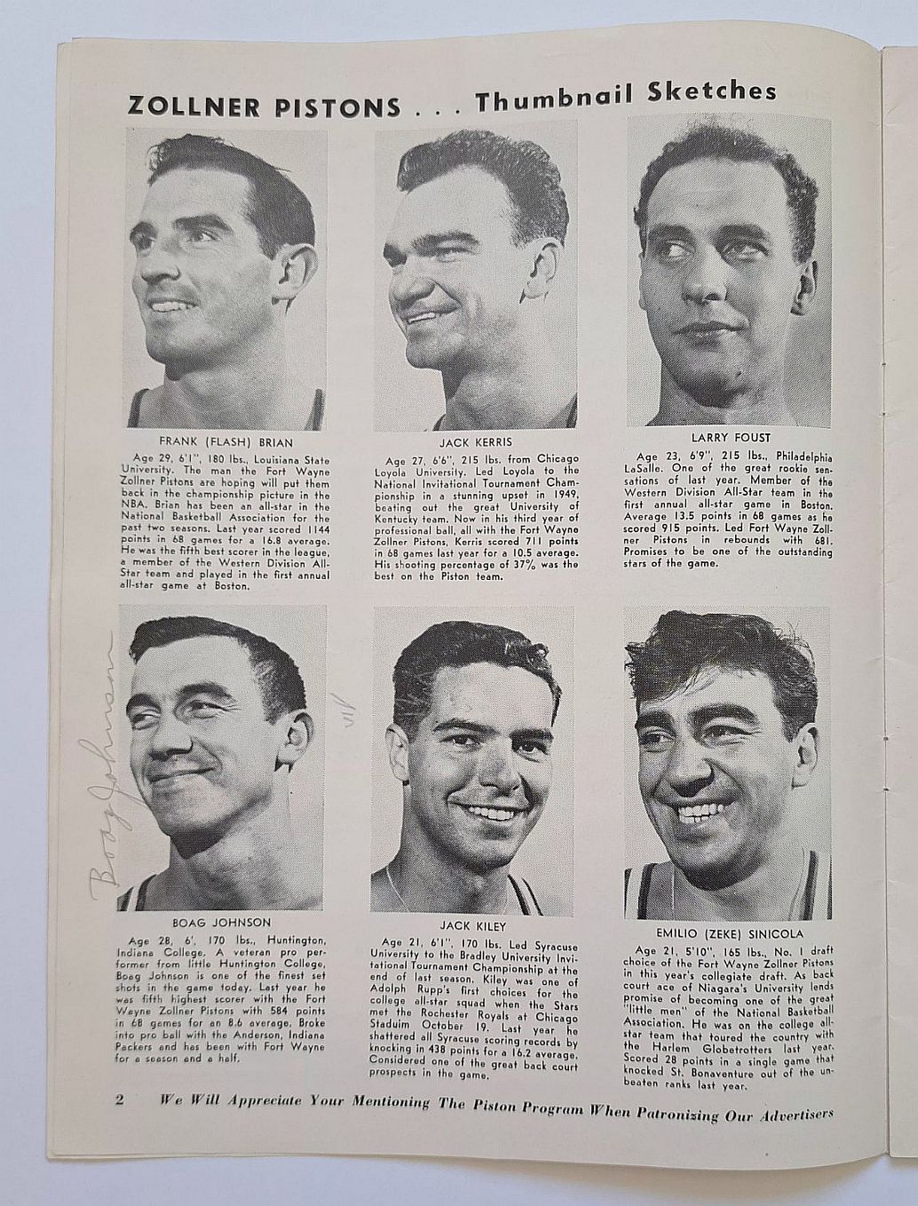 March 13, 1952 Ft. Wayne Pistons Multi-Signed AUTO vs Rochester Royals Program /w Hilliard Gates & Paul Birch BAS LOA