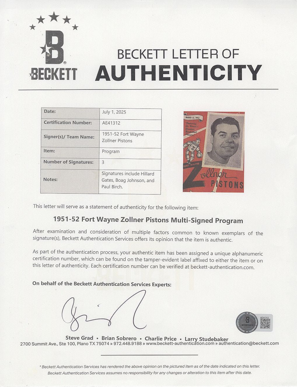 March 13, 1952 Ft. Wayne Pistons Multi-Signed AUTO vs Rochester Royals Program /w Hilliard Gates & Paul Birch BAS LOA