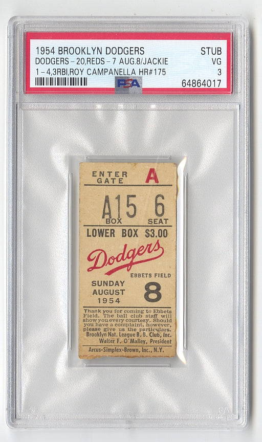 1954 Dodgers vs Reds 8/8 Ticket Stub - 20-7 Rout, Jackie 1-4, 3 RBI, Campy HR #175 PSA 3 POP 1