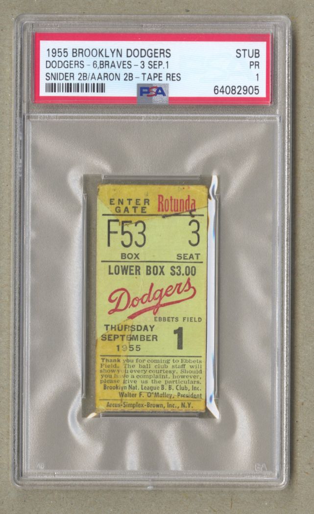 September 1, 1955 Brooklyn Dodgers Milwaukee Braves Ticket Stub Hank Aaron Duke Snider Double PSA