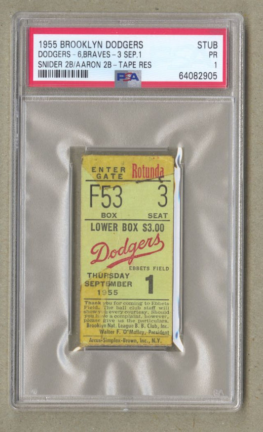 September 1, 1955 Brooklyn Dodgers Milwaukee Braves Ticket Stub Hank Aaron Duke Snider Double PSA