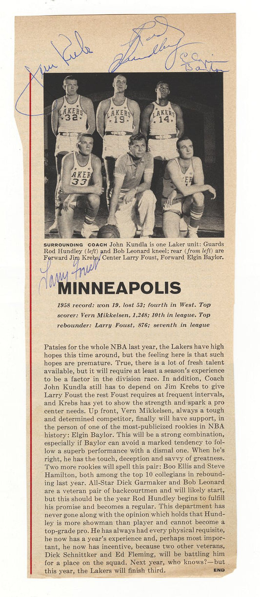 1958-59 Minneapolis Lakers Multi-Signed AUTO Photo Foust Krebs Baylor Hundley